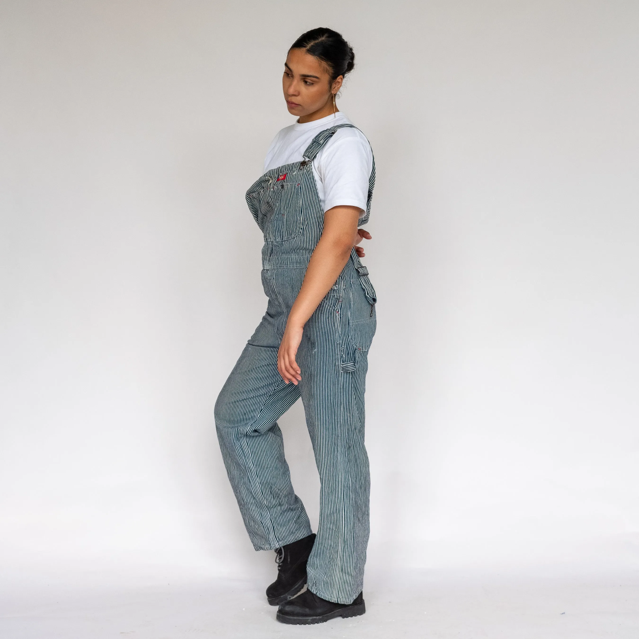 White 90s Dickies Stripey Canvas Baggy Dungarees (S)