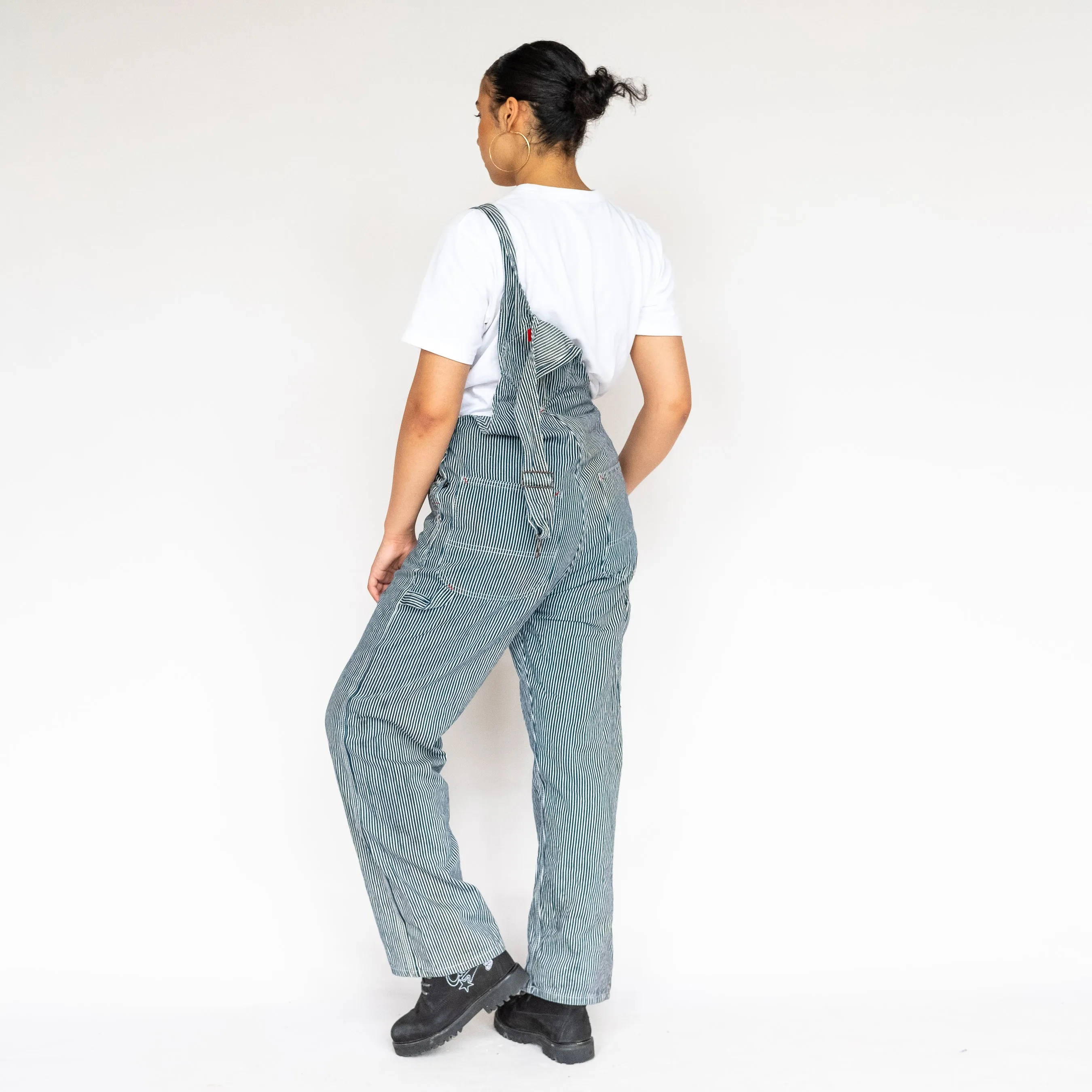 White 90s Dickies Stripey Canvas Baggy Dungarees (S)