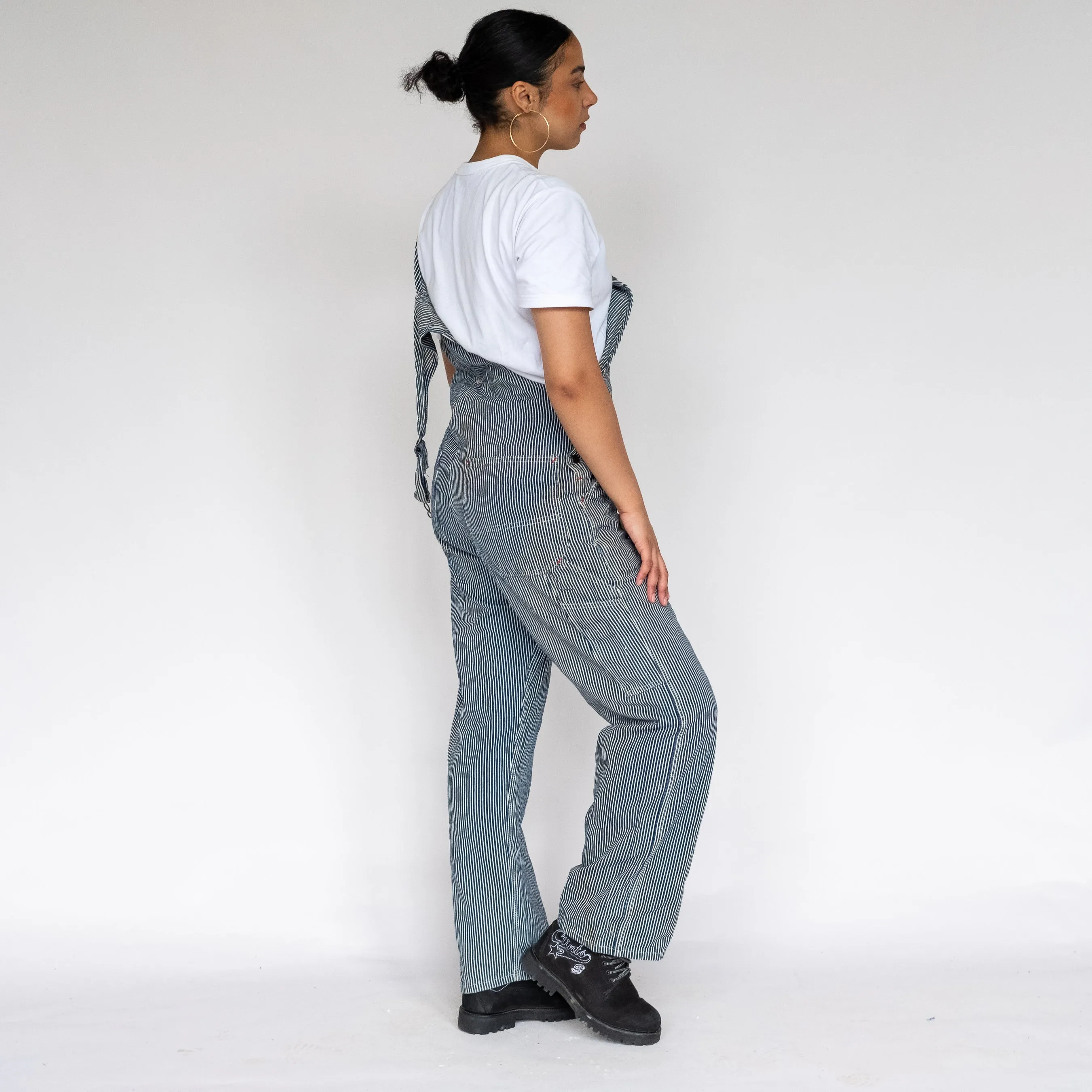 White 90s Dickies Stripey Canvas Baggy Dungarees (S)