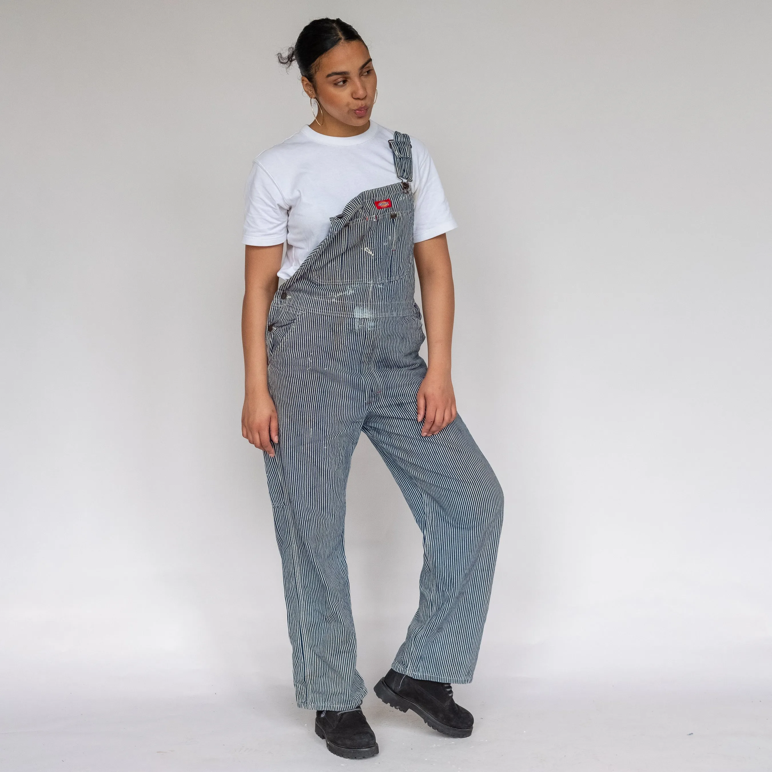 White 90s Dickies Stripey Canvas Baggy Dungarees (S)