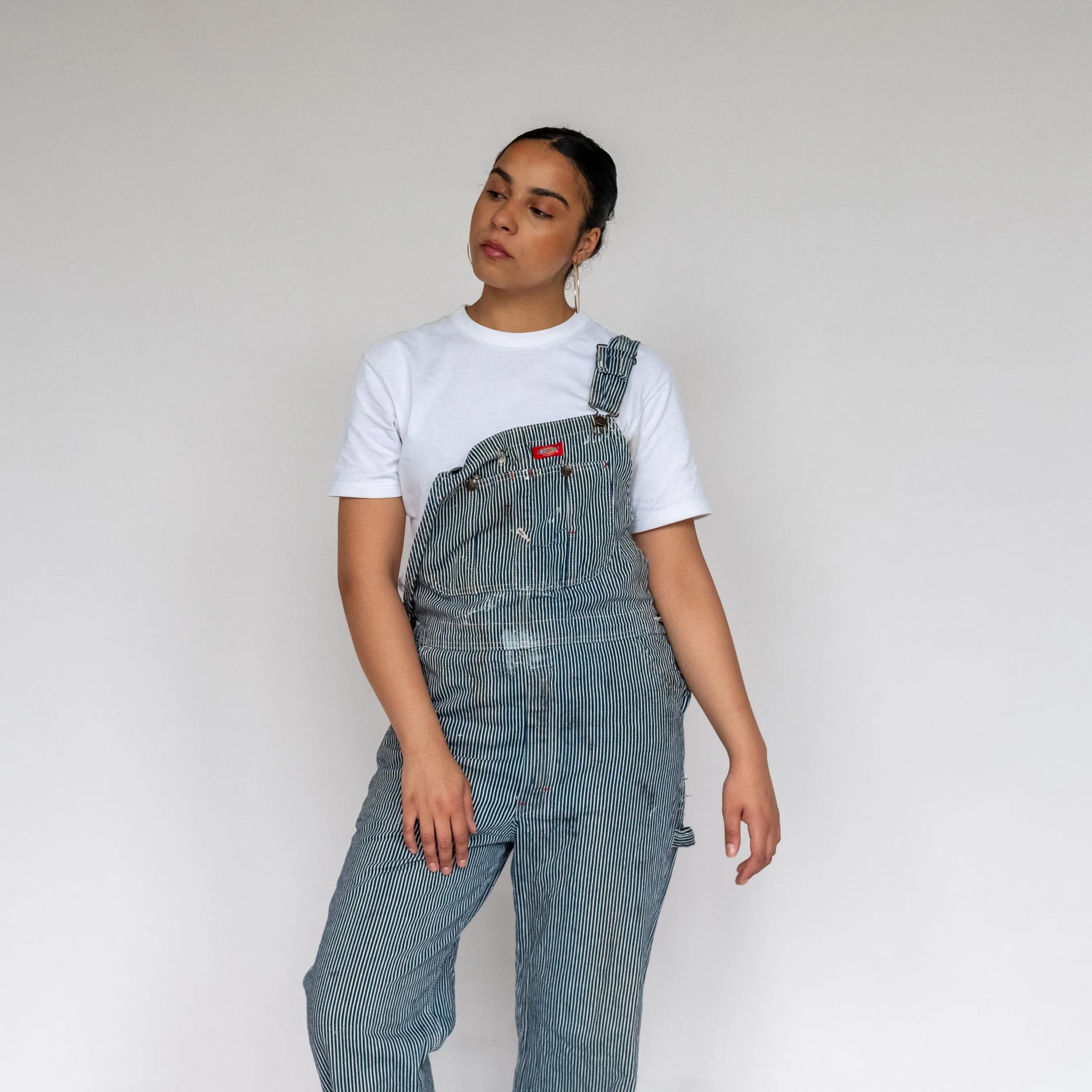 White 90s Dickies Stripey Canvas Baggy Dungarees (S)