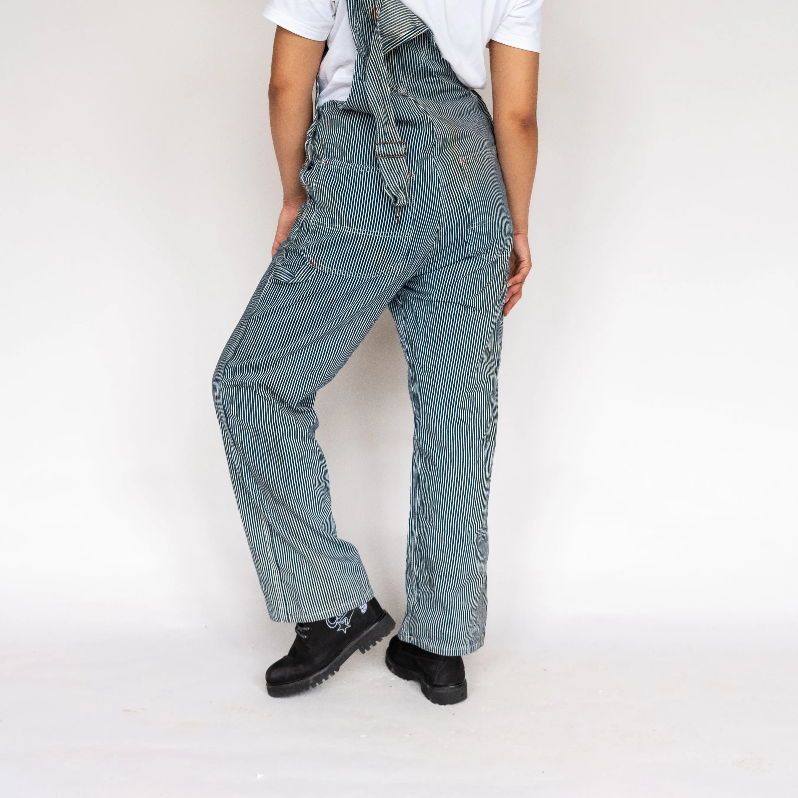 White 90s Dickies Stripey Canvas Baggy Dungarees (S)