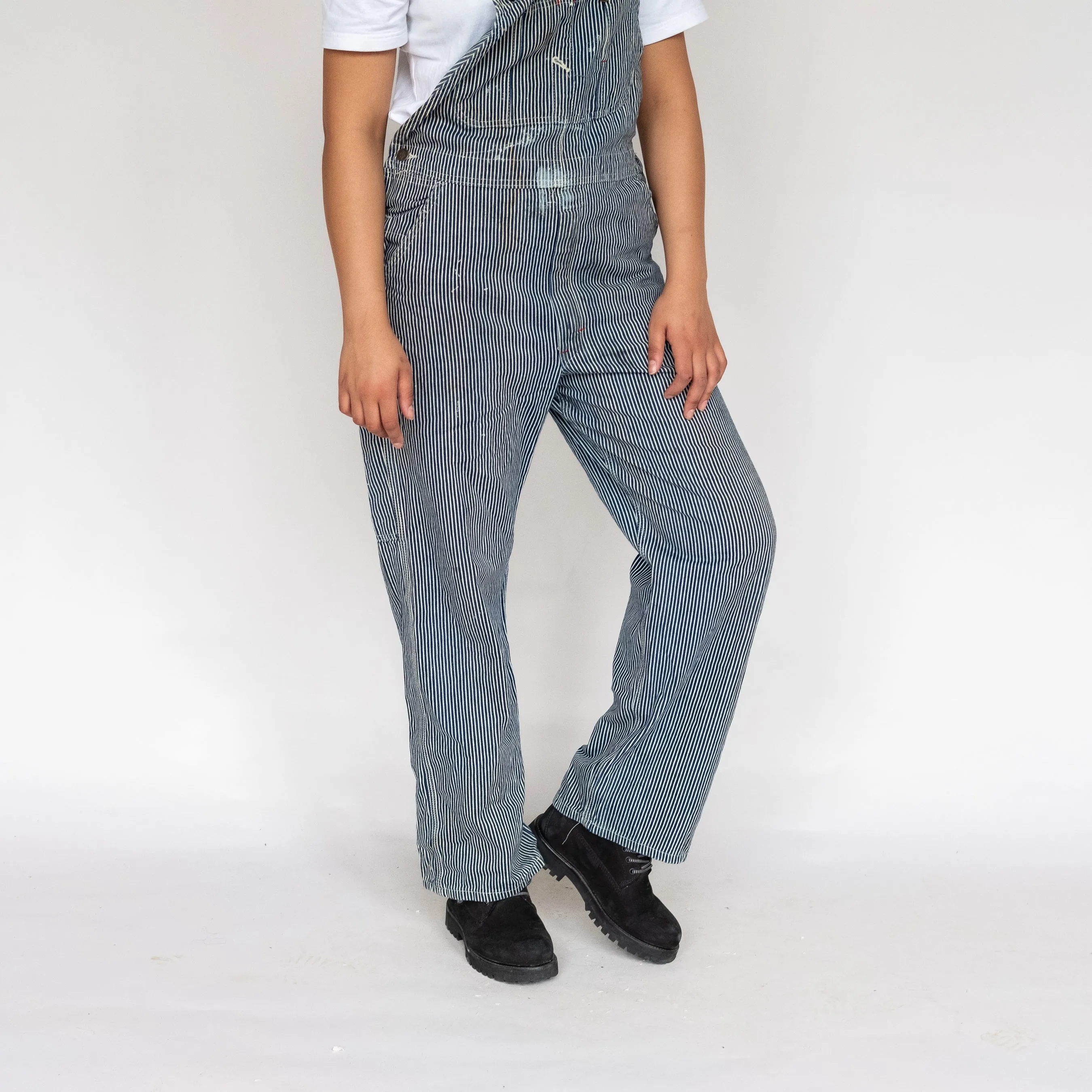 White 90s Dickies Stripey Canvas Baggy Dungarees (S)