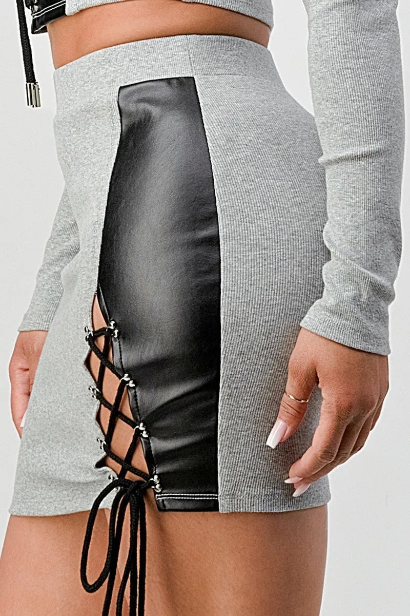 Wholesale Lace Up Front Skirt Set - Grey