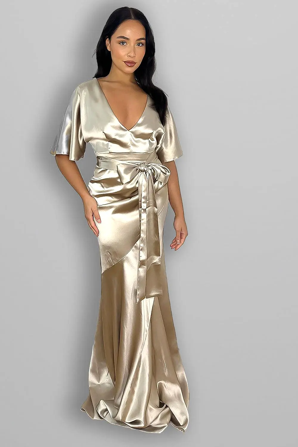 Winged Sleeves Satin Tall Evening Dress