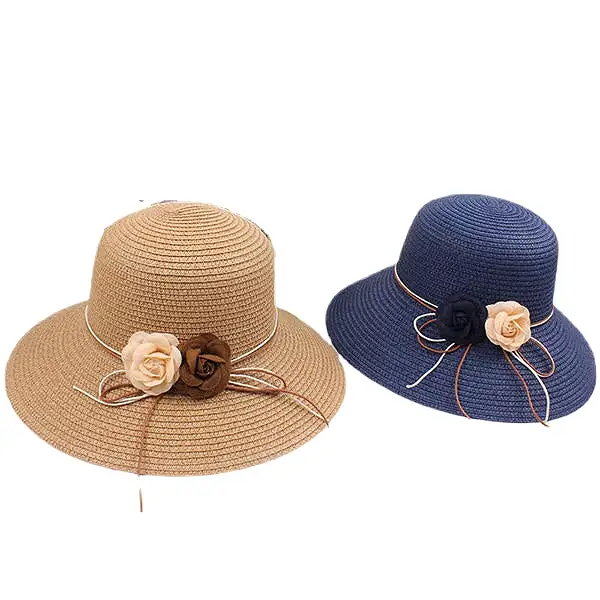 Women Folding Woven Wide Brimmed Bucket Hat Outdoor Bandage Beach Dress Visor With Bowknot