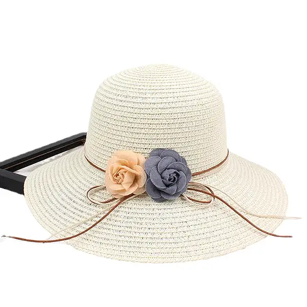 Women Folding Woven Wide Brimmed Bucket Hat Outdoor Bandage Beach Dress Visor With Bowknot