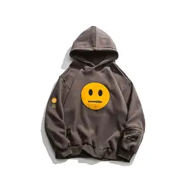 Zipper Pocket Smiley Face Patchwork Fleece Hoodies