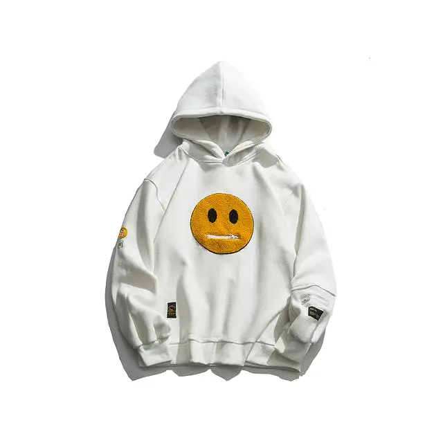 Zipper Pocket Smiley Face Patchwork Fleece Hoodies